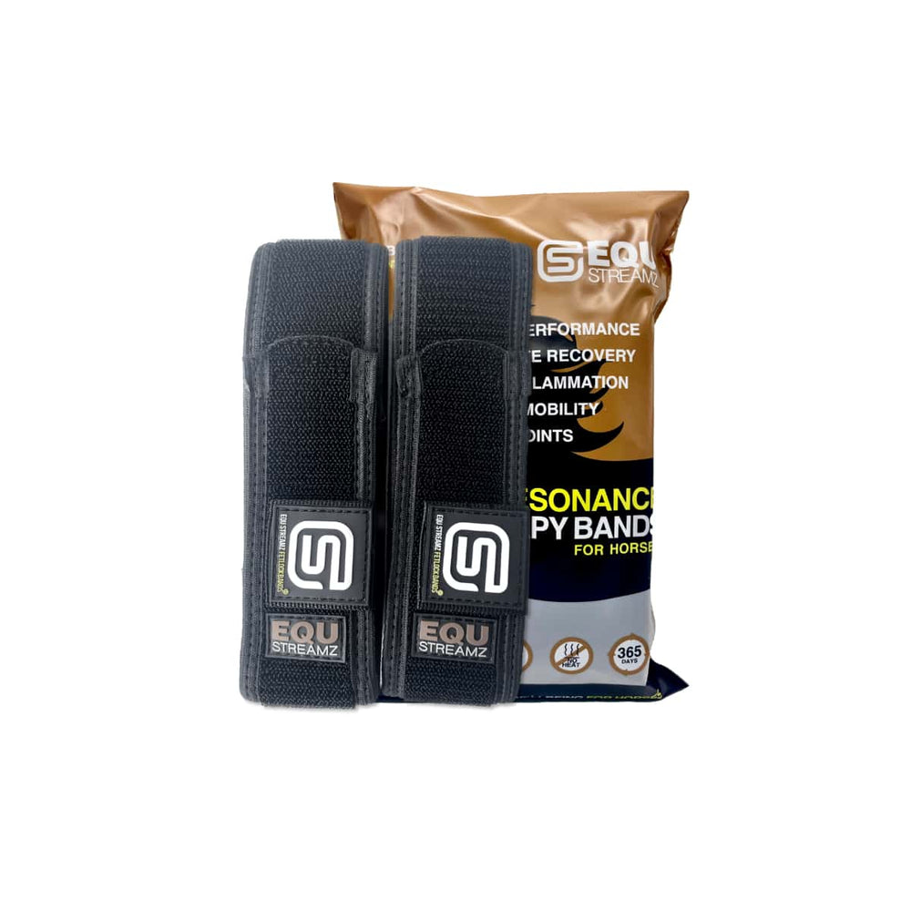 EQU StreamZ Magnetic Horse Bands Pair Standing in front of starch based packaging