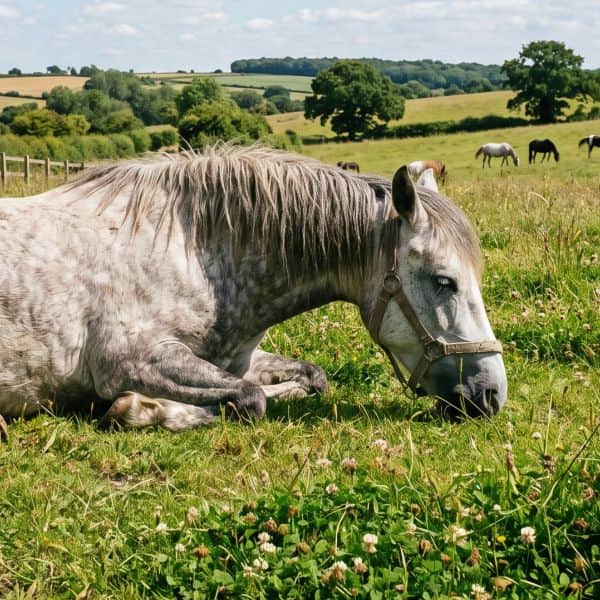 Old horse likely with mobility joint issues lying down in pasture field 